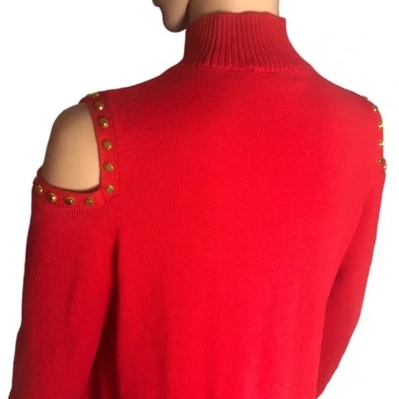 Michael Kors Red Holiday gold studded mock-neck cold shoulder Sweater L luxury - Picture 3 of 11